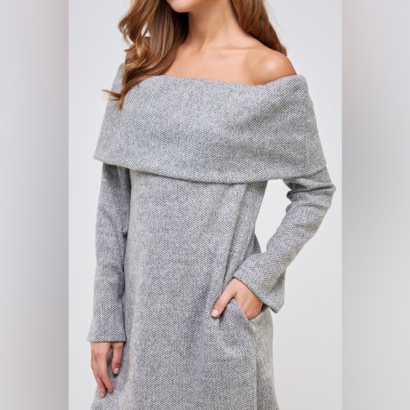 Off the Shoulder Knit Fold Over Sweater Dress with Pockets - Picture 4 of 4